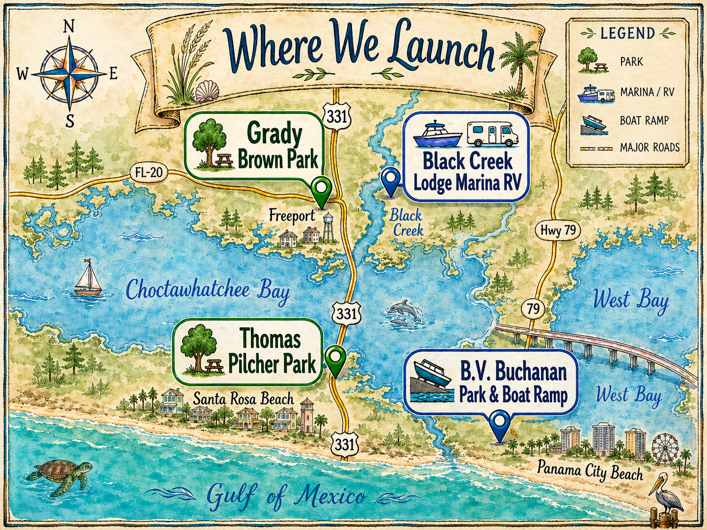 Where We Launch - Choctawhatchee Bay launch points map showing Grady Brown Park, Thomas Pilcher Park, Black Creek Lodge Marina RV, and B.V. Buchanan Park and Boat Ramp