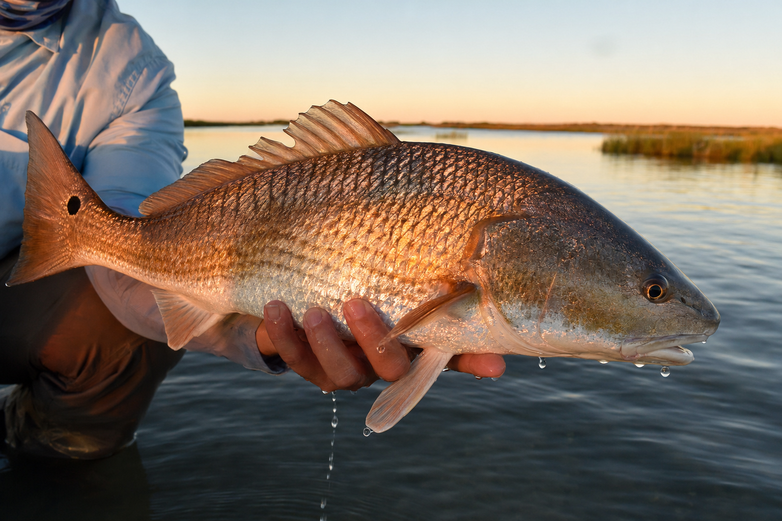 Person holding a large fish above water at sunset.