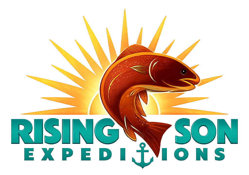 Logo of a fish jumping over a sun with text 'Rising Son Expeditions' below.