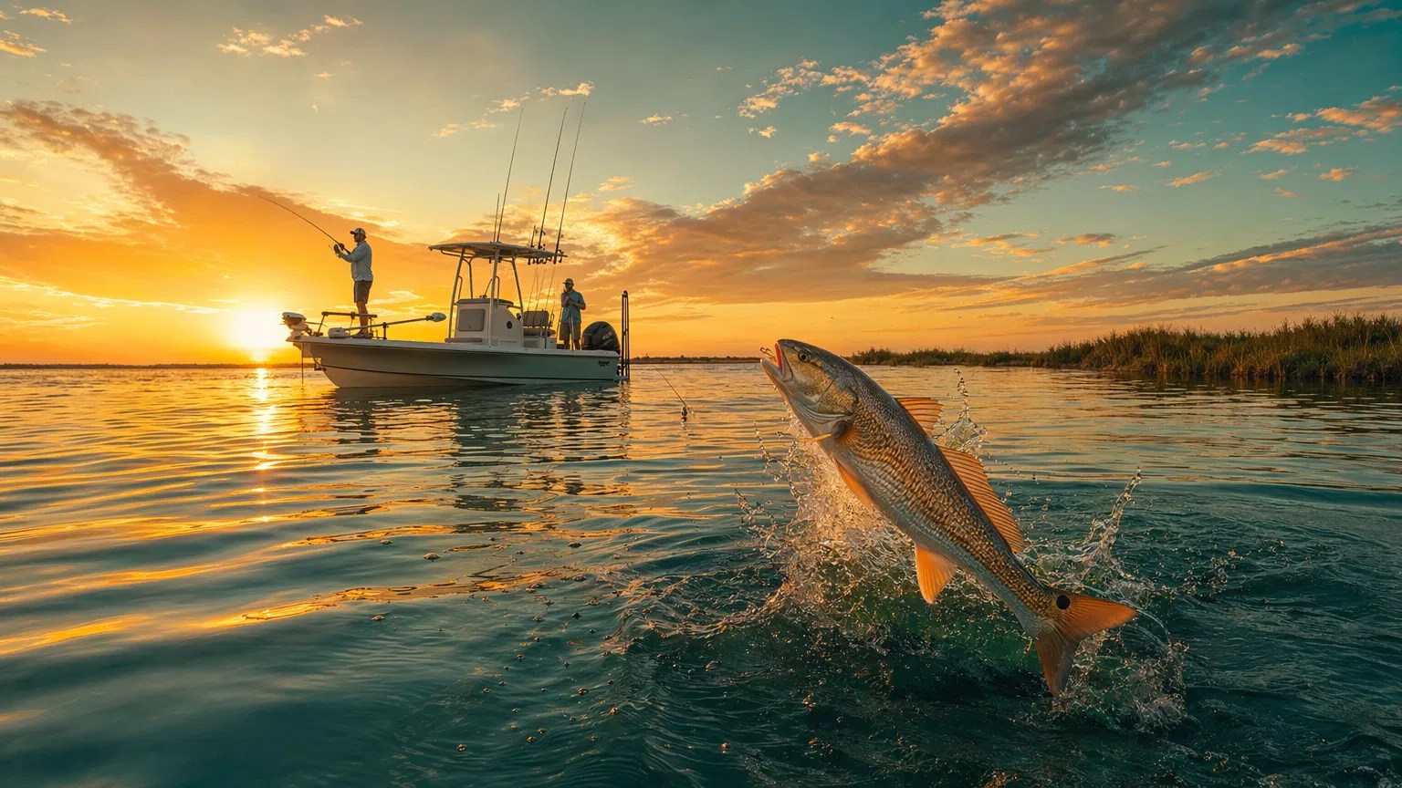 Sunset fishing scene with fish leaping near boat.