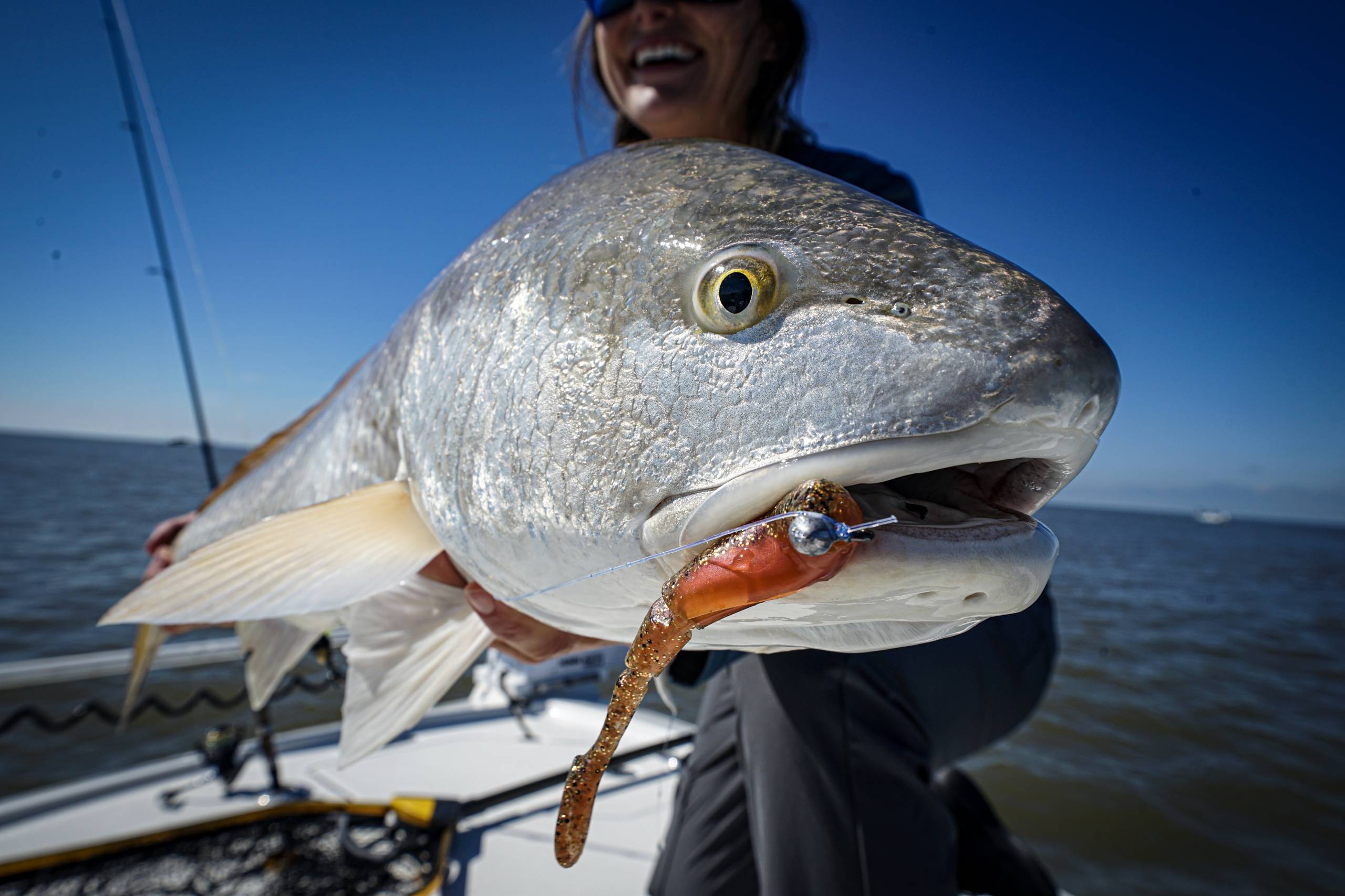 Person holding a large fish with a lure in its mouth on a boat.